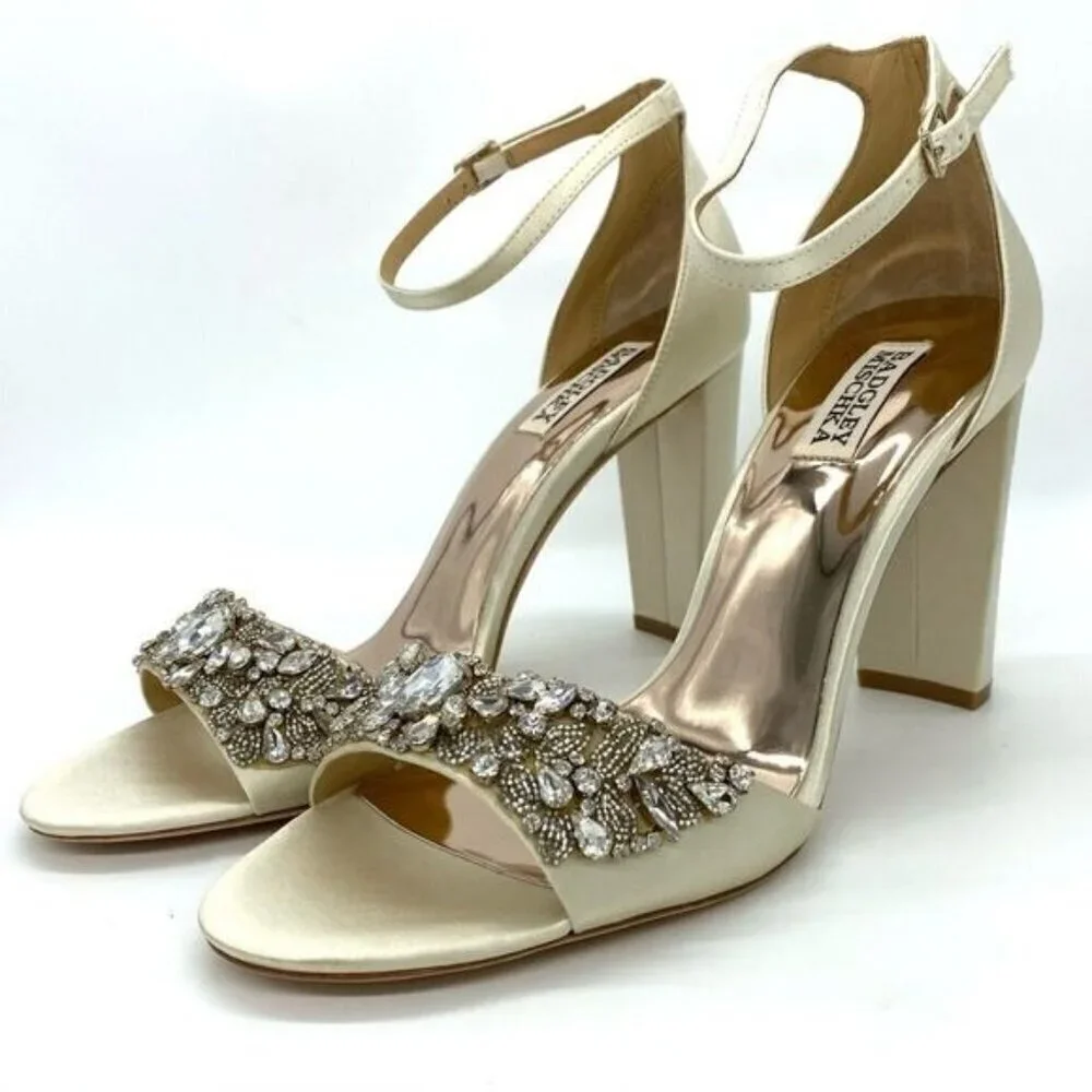 Badgley Mischka Women's Barby Ivory Satin Jeweled Heels New